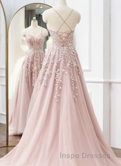 Pink Tulle With Lace Straps Long Party Dress, Pink Tulle Evening Prom Dress Evening Prom Dress