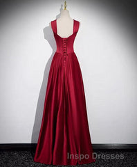 A-Line Sleeveless Wine Red Satin Evening Prom Dress, Wine Red Long Evening Prom Dress