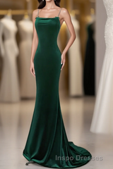 Green Velvet Mermaid Straps Long Formal Dress, Green Evening Prom Dress Party Dress