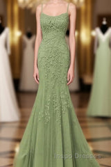 Lovely Sage Green Straps Mermaid Long Formal Dress, Lace-Up Evening Prom Dress Evening Prom Dress