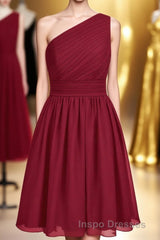 Wine Red Chiffon One-Shoulder Gathered Short Bridesmaid Dress