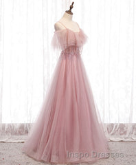 Pink Sweetheart Tulle Long Evening Prom Dress, Pink Tulle Formal Dress, 1