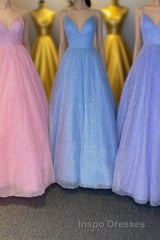 Cute V-Neck Tulle Long Evening Prom Dress, A-Line Evening Prom Dress