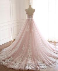 Pink Sweetheart Lace Tulle Long Evening Prom Dress, Lace Pink Evening Dress