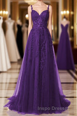 Purple A-Line Tulle Off Shoulder Long Evening Prom Dress With Lace, Purple Evening Prom Dress Party Dress