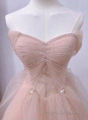 Pink Sweetheart Tulle Beaded Long Party Dress, Pink Tulle Evening Prom Dress Evening Prom Dress