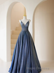 Blue V-Neckline Straps Low Back A-Line Evening Prom Dress, Blue Long Evening Prom Dress
