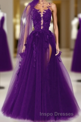 Purple Tulle With Lace Applique Long Party Dress, A-Line Tulle Formal Dress