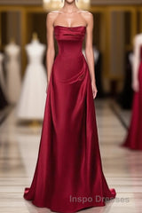 A-Line Sleeveless Wine Red Satin Evening Prom Dress, Wine Red Long Evening Prom Dress