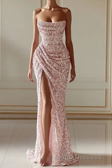 New Arrival Pink Sequins Sleeveless Evening Prom Dress With Split