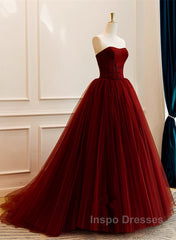 Wine Red Tulle Scoop Long Formal Dress, Wine Red Tulle Evening Prom Dress Party Dress