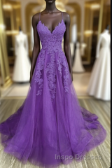 V-Neckline Purple A-Line Straps Long Evening Prom Dress, Purple Long Evening Prom Dress Party Dress