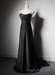 Black Soft Satin A-Line Floor Length Evening Prom Dress, Black Straps Long Evening Prom Dress