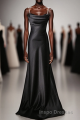 Black Soft Satin A-Line Floor Length Evening Prom Dress, Black Straps Long Evening Prom Dress