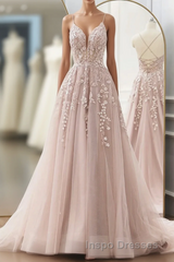 Pink Tulle With Lace Straps Long Party Dress, Pink Tulle Evening Prom Dress Evening Prom Dress