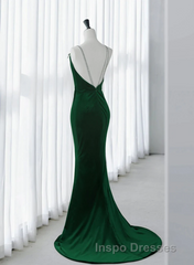 Green Velvet Mermaid Straps Long Formal Dress, Green Evening Prom Dress Party Dress