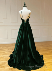 Green V-Neckline Straps Lace-Up A-Line Evening Prom Dress, Green Velvet Long Evening Prom Dress