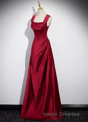 A-Line Sleeveless Wine Red Satin Evening Prom Dress, Wine Red Long Evening Prom Dress