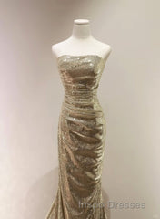 Gold Sequins Mermaid Scoop Long Evening Prom Dress, Gold Long Evening Prom Dress Party Dress