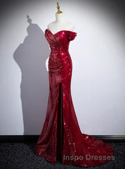 Dark Red Sequins Mermaid Sweetheart Evening Prom Dress, Dark Red Evening Dress