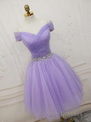 Purple Off Shoulder Tulle Sequin Evening Prom Dress, Purple Homecoming Dress