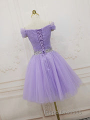Purple Off Shoulder Tulle Sequin Evening Prom Dress, Purple Homecoming Dress