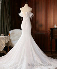 White Sequin Mermaid Long Evening Prom Dress, White Wedding Dress