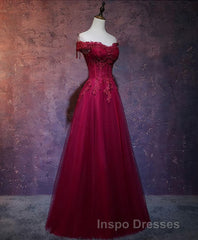Burgundy Tulle Lace Off Shoulder Long Evening Prom Dress, Burgundy Lace Evening Prom Dress