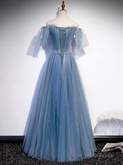 Blue Sweetheart Tulle Sequin Long Prom Dress, Blue Formal Dress, 1