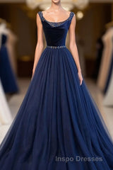 Dark Blue Tulle Long Evening Prom Dress, Dark Blue Tulle Evening Prom Dress