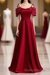 Burgundy Satin Beads Long Evening Prom Dress, Burgundy Evening Prom Dress