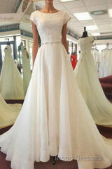 Delicate Round Neck Short Sleeves Sweep Train Lace Appliques Wedding Dress