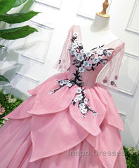 Pink V Neck Tulle Lace Applique Long Evening Prom Dress, Pink Evening Dress, 1