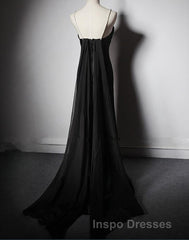 Black Soft Satin A-Line Floor Length Evening Prom Dress, Black Straps Long Evening Prom Dress