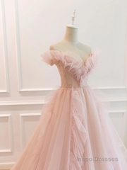 Pink Tulle Off The Shoulder A-Line Tulle Ruffles Floor-Length Prom Dress, Pink Long Party Dress