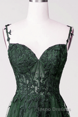 Dark Green Tulle With Lace Beaded Straps Evening Prom Dress, Green Long Formal Dress Party Dress
