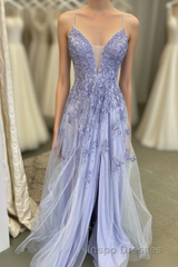 Lavender Tulle V-Neckline Long Party Dress, Lavender Straps Evening Prom Dress Formal Dress