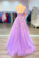 A-Line Tulle Princess Light Purple Evening Prom Dress With Appliques, Tulle Straps Formal Dress