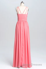 Coral Double Straps Pleated A-line Bridesmaid Dress