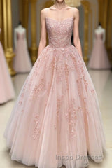 Lace Appliques Pink A LineTulle Long Evening Prom Dress With Straps