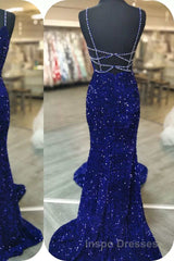 Mermaid Red Sequin V-Neck Lace-Up Back Evening Prom Dress
