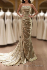 Gold Sequins Mermaid Scoop Long Evening Prom Dress, Gold Long Evening Prom Dress Party Dress