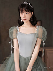 Gray Green Tulle Long Prom Dress Green Tulle Formal Dress