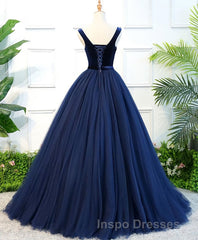Dark Blue Tulle Long Evening Prom Dress, Dark Blue Tulle Evening Prom Dress