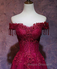 Burgundy Tulle Lace Off Shoulder Long Evening Prom Dress, Burgundy Lace Evening Prom Dress