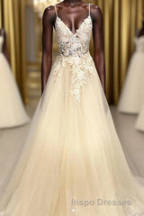 Champagne V Neck Tulle Lace Long Evening Prom Dress Evening Prom Dress
