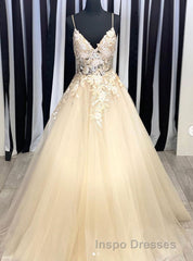 Champagne V Neck Tulle Lace Long Evening Prom Dress Evening Prom Dress