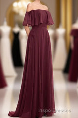 Burgundy Chiffon Strapless Ruffled A-Line Long Bridesmaid Dress