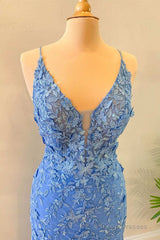 Blue Floral Appliques Backless Mermaid Long Prom Dress