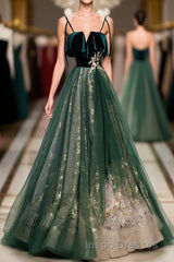 Green Tulle Lace Long Evening Prom Dress, Green Tulle Lace Formal Dress, 1